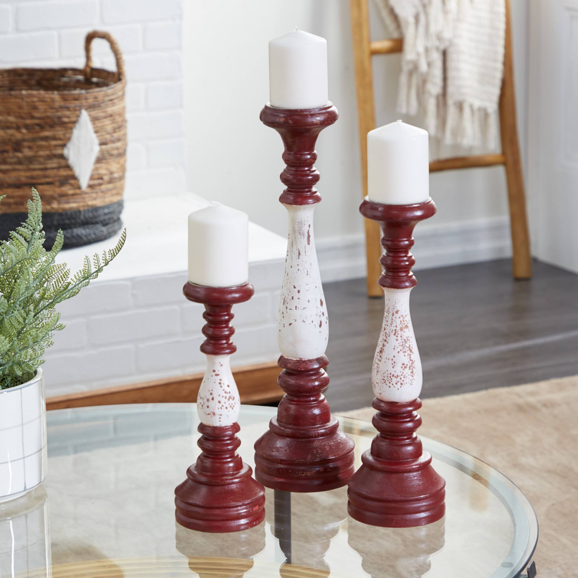 20" Red & White Wood Farmhouse Candlestick Holder Set